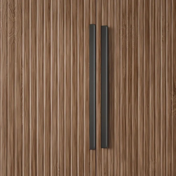 Graino Wardrobe (6) Detail shot of the heavy-duty metal handle and ribbed door paneling on the Graino slatted bedroom Almirah.
