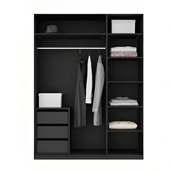 Graino Wardrobe - Premium Interior storage layout of the Graino wardrobe, displaying a metal hanging rail, organized side shelves, and built-in drawers.