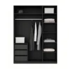 Interior storage layout of the Graino wardrobe, displaying a metal hanging rail, organized side shelves, and built-in drawers.