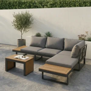 angled view of grey sectional sofa in a matching background