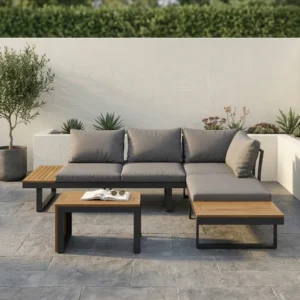 front view of outdoor sectional sofa with a matching coffee table