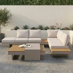 outdoor sectional sofa in beige cushion in outdoor area