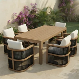 6 seater outdoor dining set on a sand color patio