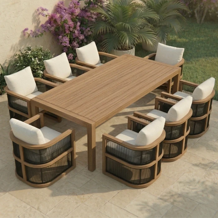 8 seater outdoor dining set on a sand color patio