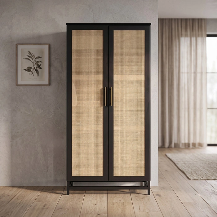 Black cane wardrobe styled in a neutral contemporary bedroom interior