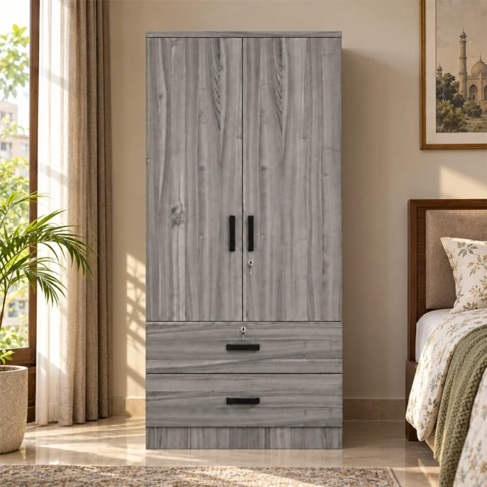 Grey Frost Wardrobe styled in a bright modern bedroom interior