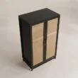 Elevated angle showing the black wardrobe top, side and woven doors