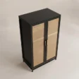Elevated angle showing the black wardrobe top, side and woven doors