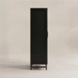 Side profile of the black wardrobe showing its slim raised frame