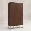 Back angled view of Brunel wardrobe with walnut-toned back and metal base
