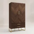 Angled view of Brunel wardrobe with walnut chevron doors and brass-tone base