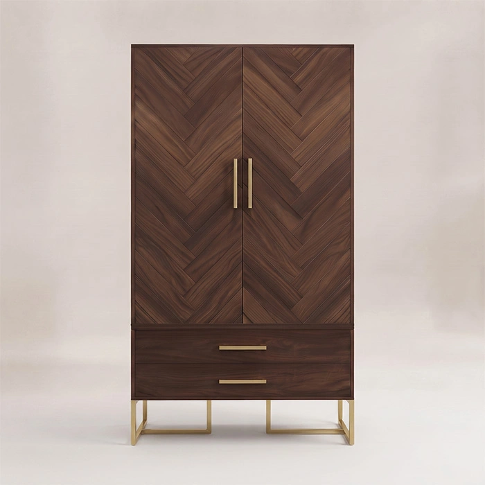 Front view of Brunel wooden wardrobe with chevron doors and two drawers