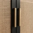Close-up of brass-tone handles against black frames and woven cane doors