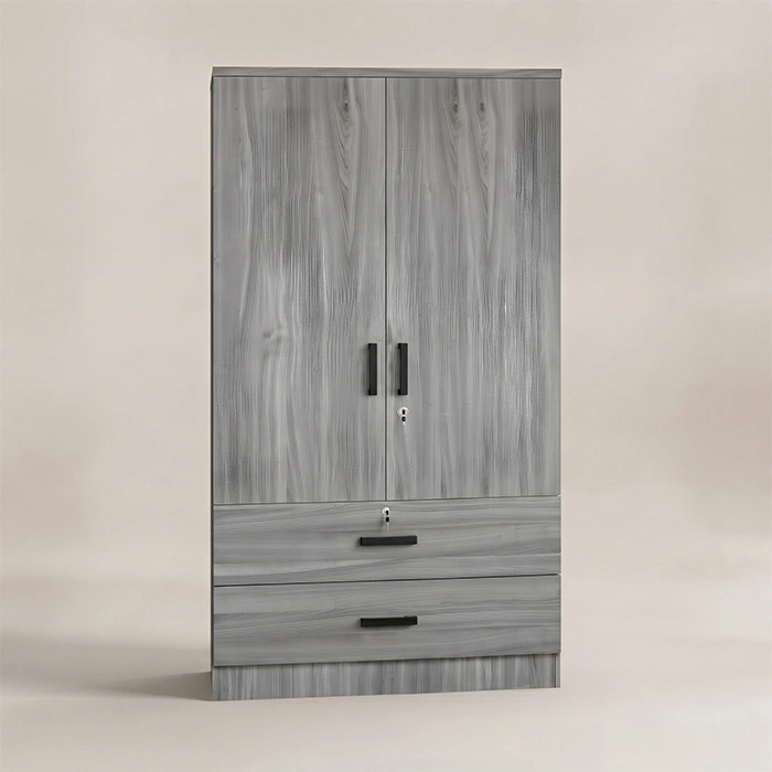 Front view of grey two-door wardrobe with two drawers and keyed locks