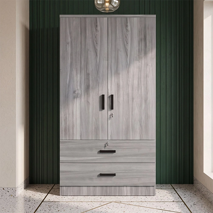 Grey Frost wardrobe styled against a dark green slatted wall