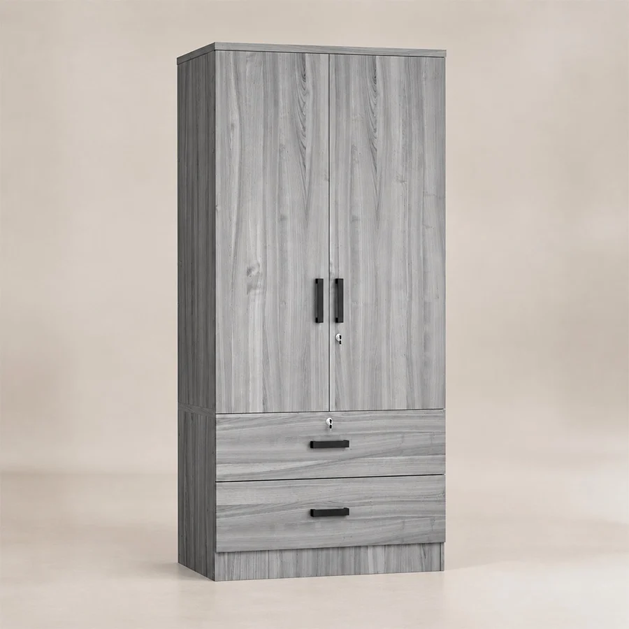 Angled view of Frost Wardrobe in grey finish with two doors and drawers