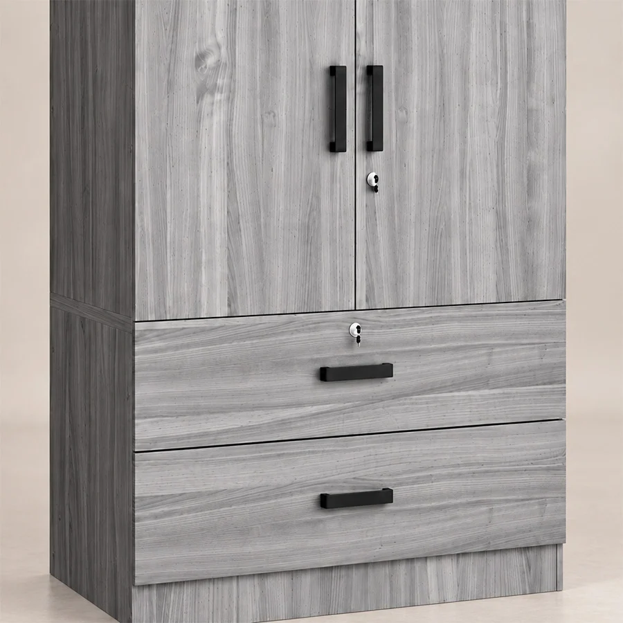 Close-up of Frost Wardrobe drawers, black handles and locking hardware