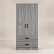 Front view of grey Frost Wardrobe with black handles and two lower drawers