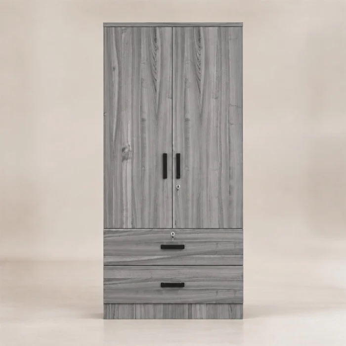 Front view of grey Frost Wardrobe with black handles and two lower drawers