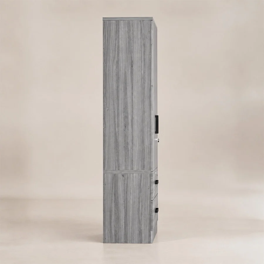 Side profile of the Frost Wardrobe in grey wood-look finish