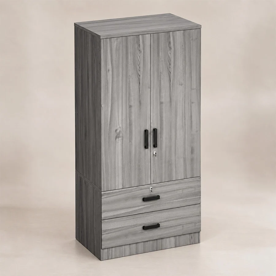 Elevated angled view of grey Frost Wardrobe with two doors and drawers