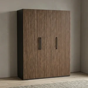 Graino modern fluted wooden wardrobe elegantly styled in a contemporary master bedroom setting.