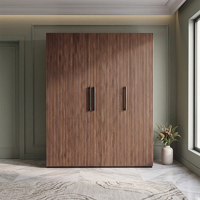 Graino fluted wardrobe styled in a refined contemporary bedroom interior