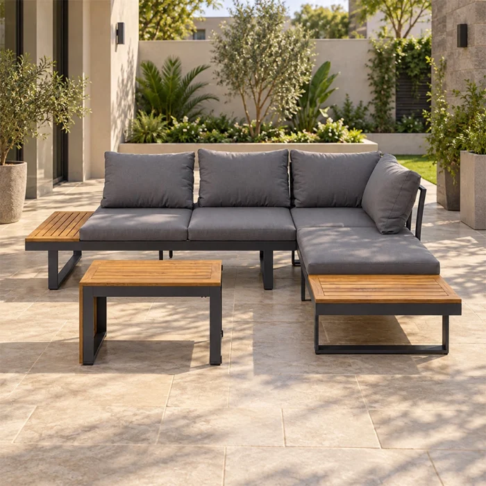 Kade sectional sofa set styled in a landscaped outdoor patio