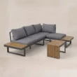 Angled view of Kade sectional set with teak platforms and table