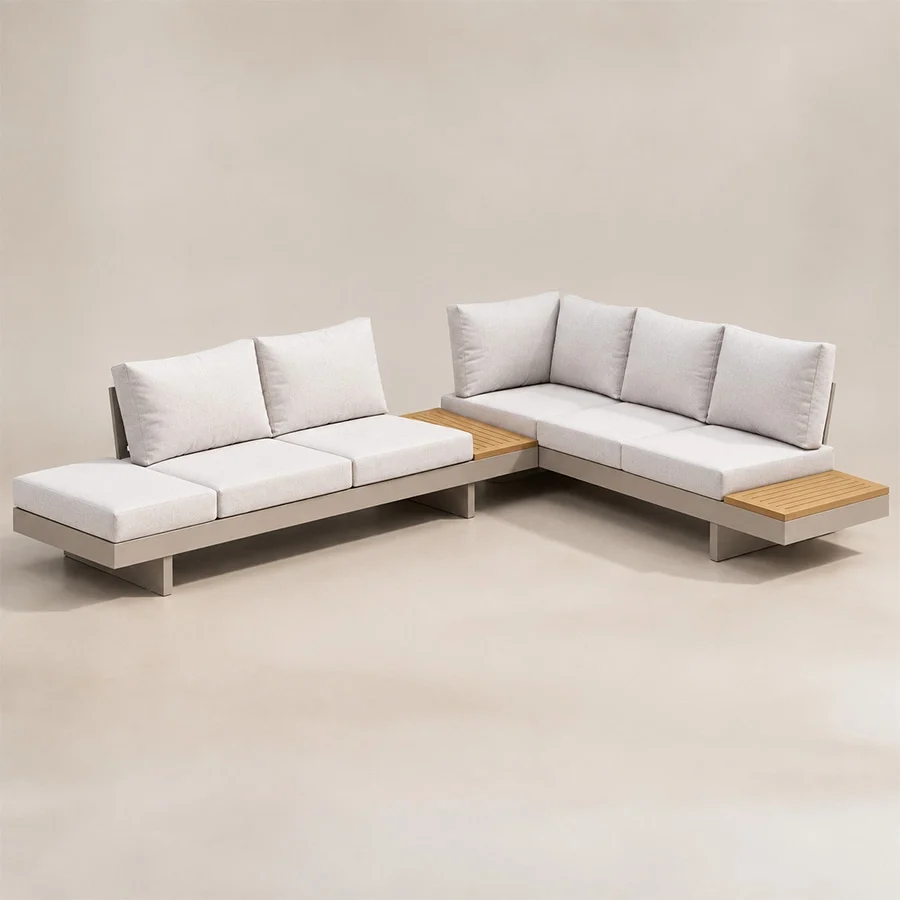 nookline-modular-outdoor-sofa-angled-view. Angled view of the Nookline modular sofa with loose back cushions