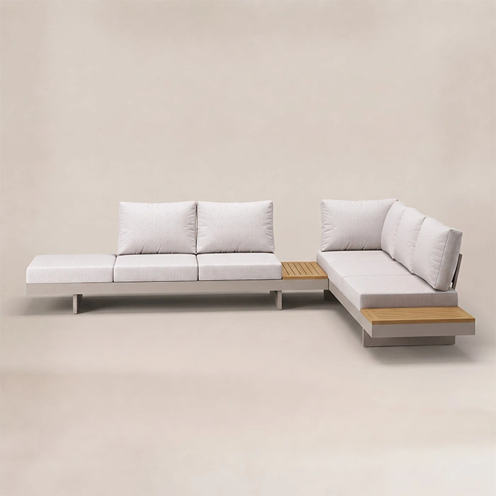 Front view of Nookline modular outdoor sofa with Teak side surfaces
