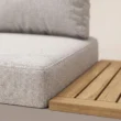 Close-up of Nookline cushion upholstery beside a slatted Teak surface
