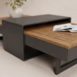 Close-up of teak slatted tabletop and dark metal structure