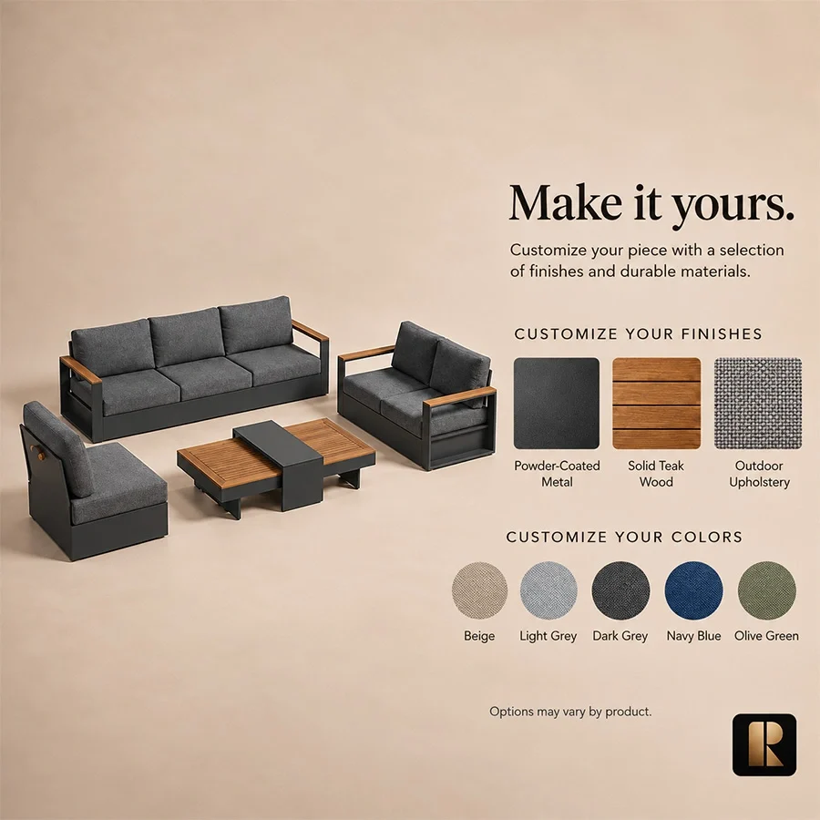 reefline-outdoor-sofa-material-customization-options-view. Reefline outdoor sofa set material, teak finish and upholstery colour options