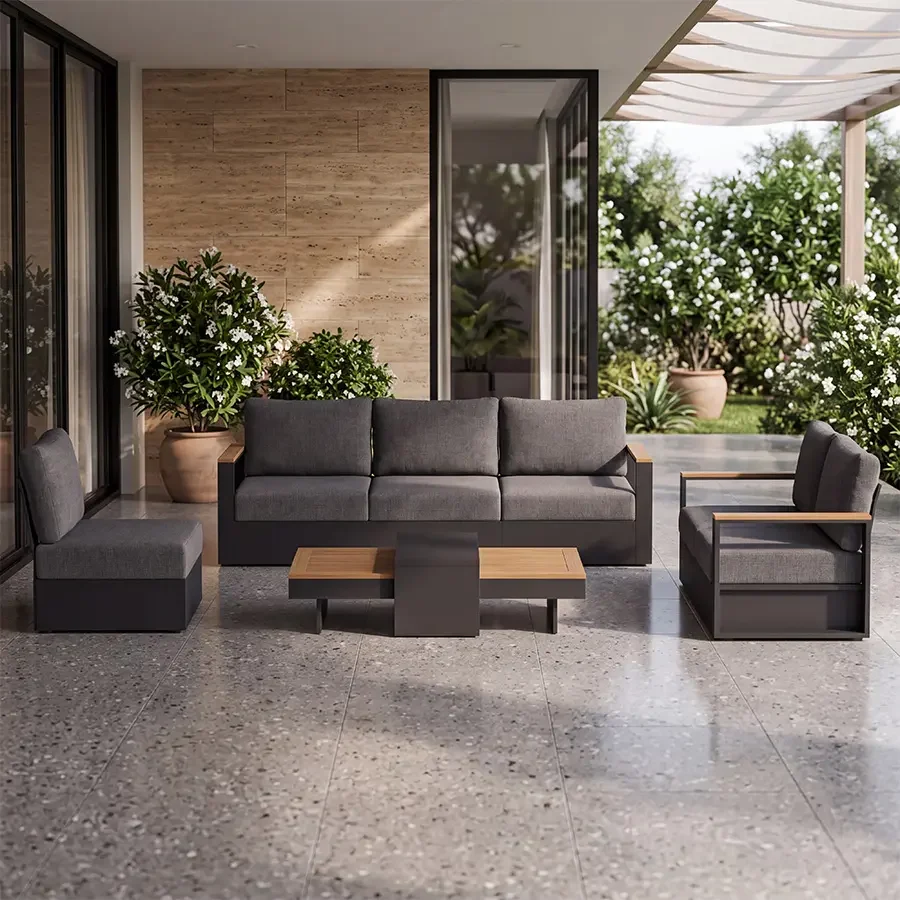 reefline-outdoor-sofa-set-patio-setting-view. Reefline outdoor sofa set arranged on a covered garden patio