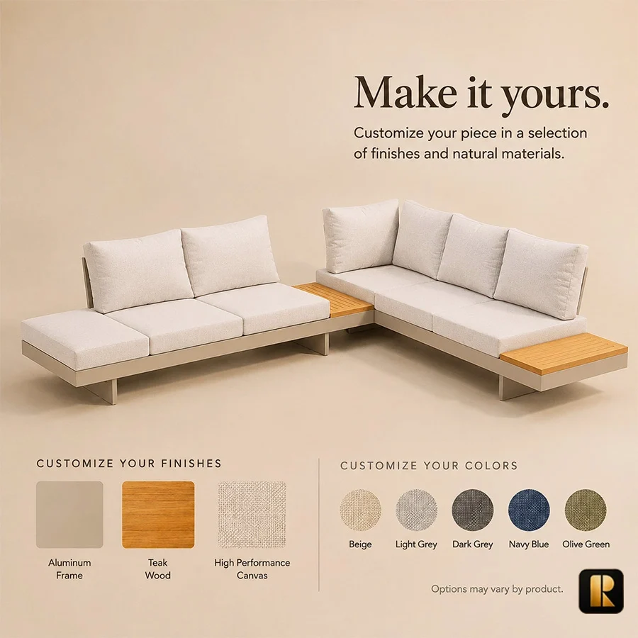 nookline-outdoor-sofa-customization-options-view. Nookline sectional sofa customization options for finish, upholstery and colour