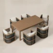 Elevated view of Wharf dining table with six curved rope-woven chairs