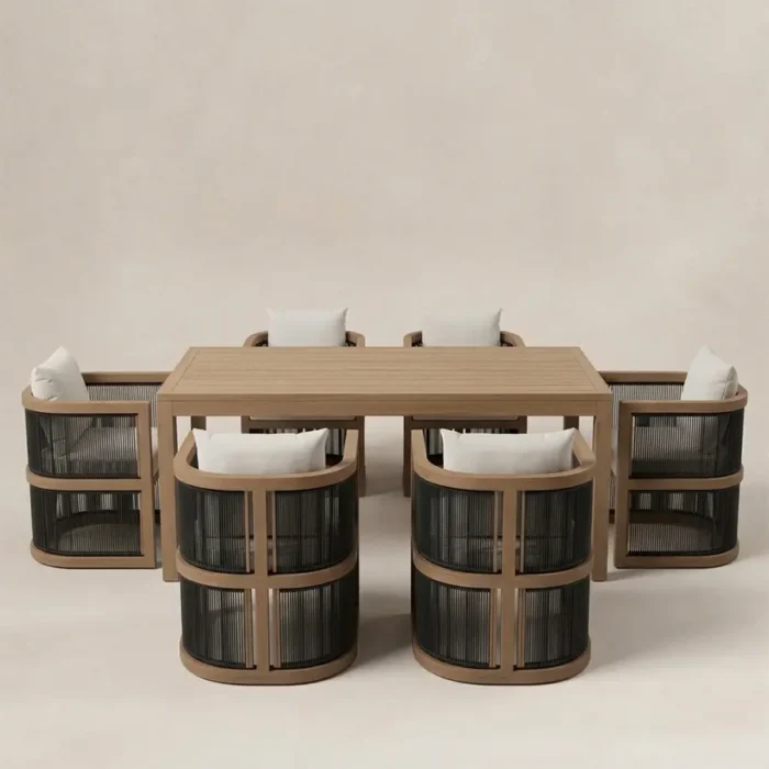Front view of Wharf 6-seater dining set with curved cushioned chairs