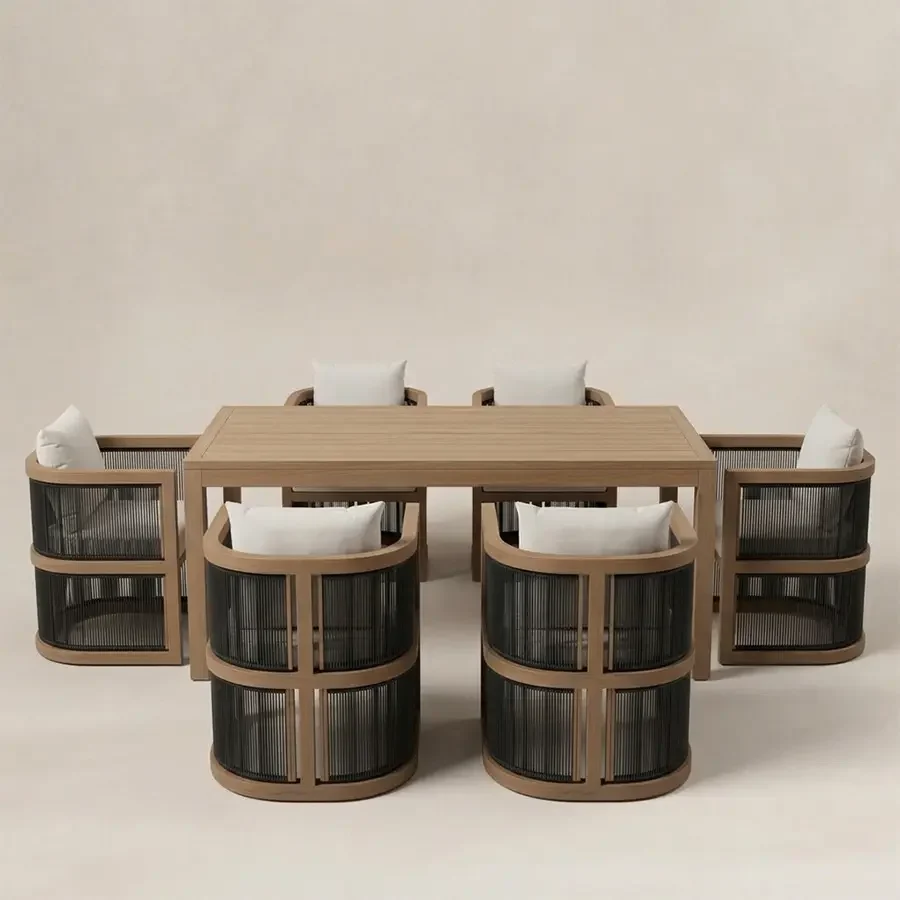 Front view of Wharf 6-seater dining set with curved cushioned chairs
