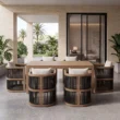 Wharf 6-seater outdoor dining set with rope-woven chairs on a covered patio