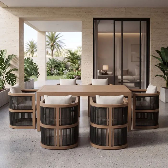Wharf 6-seater outdoor dining set with rope-woven chairs on a covered patio