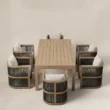 Elevated view of six Wharf dining chairs arranged around the slatted table