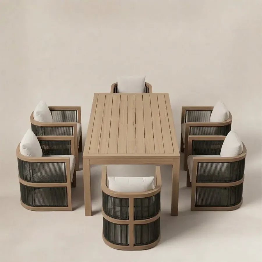 wharf-outdoor-dining-set-6-seater-top-view. Elevated view of six Wharf dining chairs arranged around the slatted table