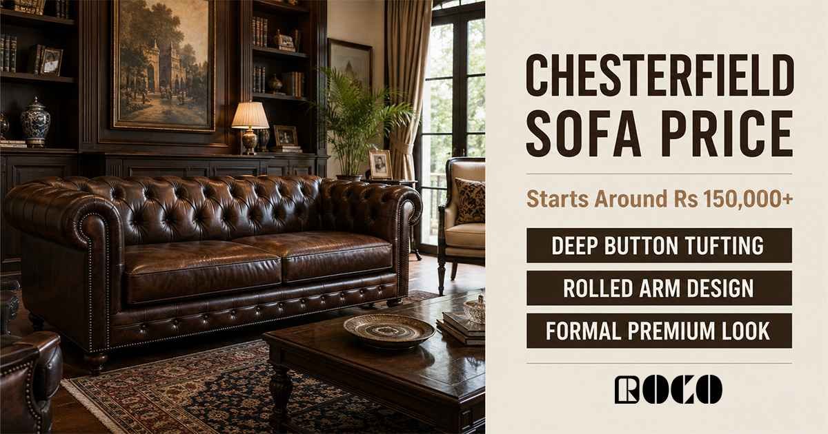 Brown leather Chesterfield sofa in a formal living room with deep button tufting, rolled arms, and premium classic styling.