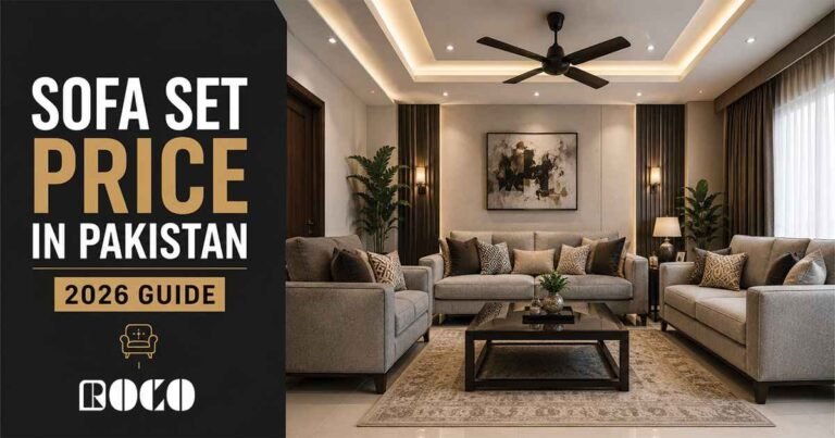 Modern grey sofa set in a Pakistani living room for ROCO Furniture’s 2026 sofa set price guide.