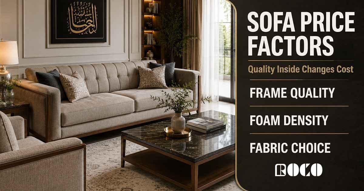Modern sofa set in a premium Pakistani living room with price factors including frame quality, foam density, and fabric choice.