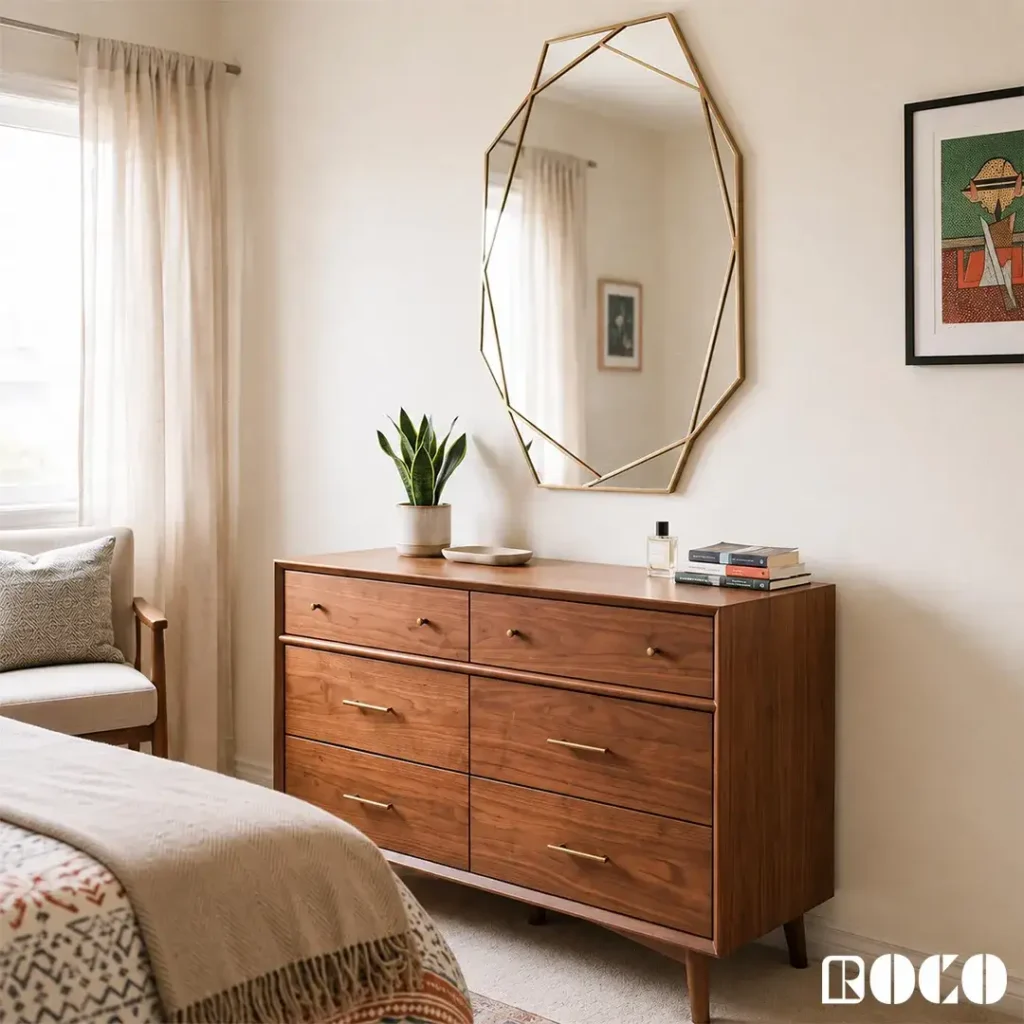 Wooden dresser with geometric asymmetrical mirror and brass handles