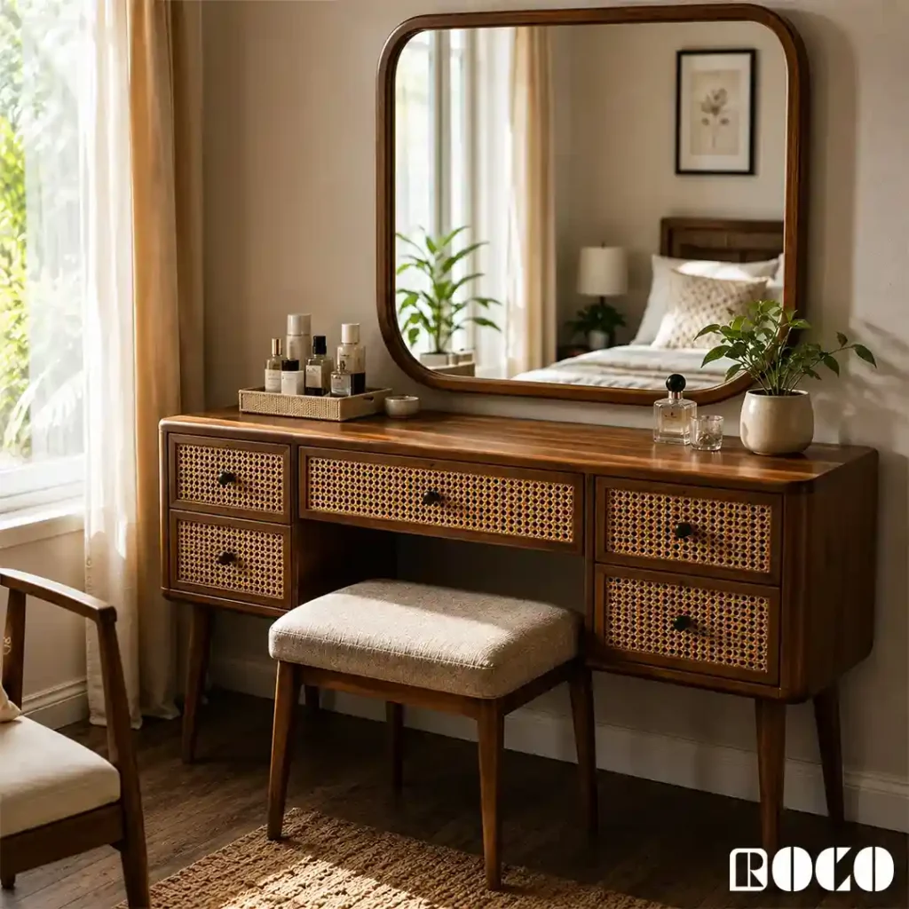 Cane-front dressing table with mirror, drawers and matching stool