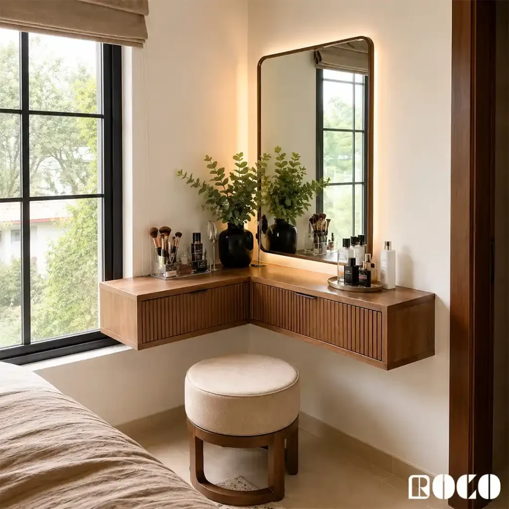 Corner dressing table design with floating drawers, mirror and stool