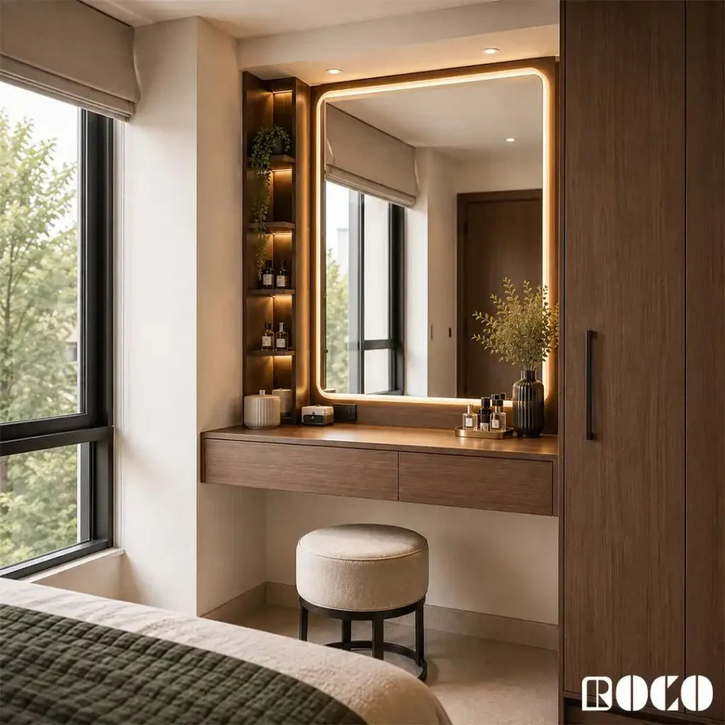 Custom built-to-measure dressing table fitted beside a bedroom wardrobe